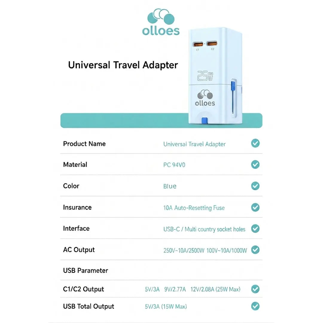 OLLOES GaN 25W Universal Travel Adapter Super Compact (2 x USB-C)