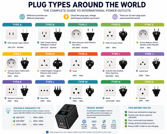 Plug Types Around the World showing international power outlet types A to O