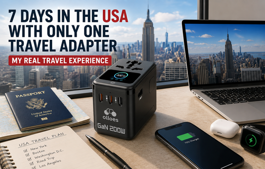 Olloes 200W GaN travel adapter used during a 7-day trip across the USA, featuring universal AC outlet, USB-C fast charging, and LED power display.