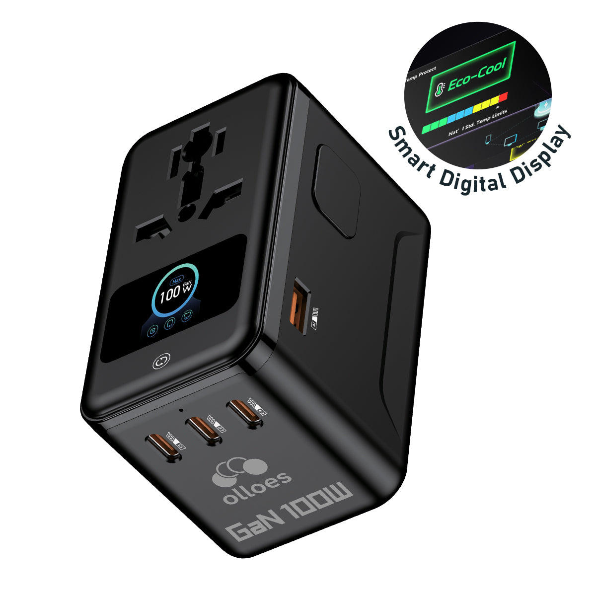 OLLOES 100W GaN Universal Travel Adapter with Smart Display (3 x USB-C & 1 x USB-A)