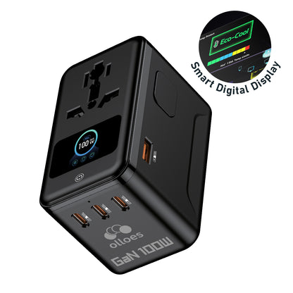 OLLOES 100W GaN Universal Travel Adapter with Smart Display (3 x USB-C & 1 x USB-A)