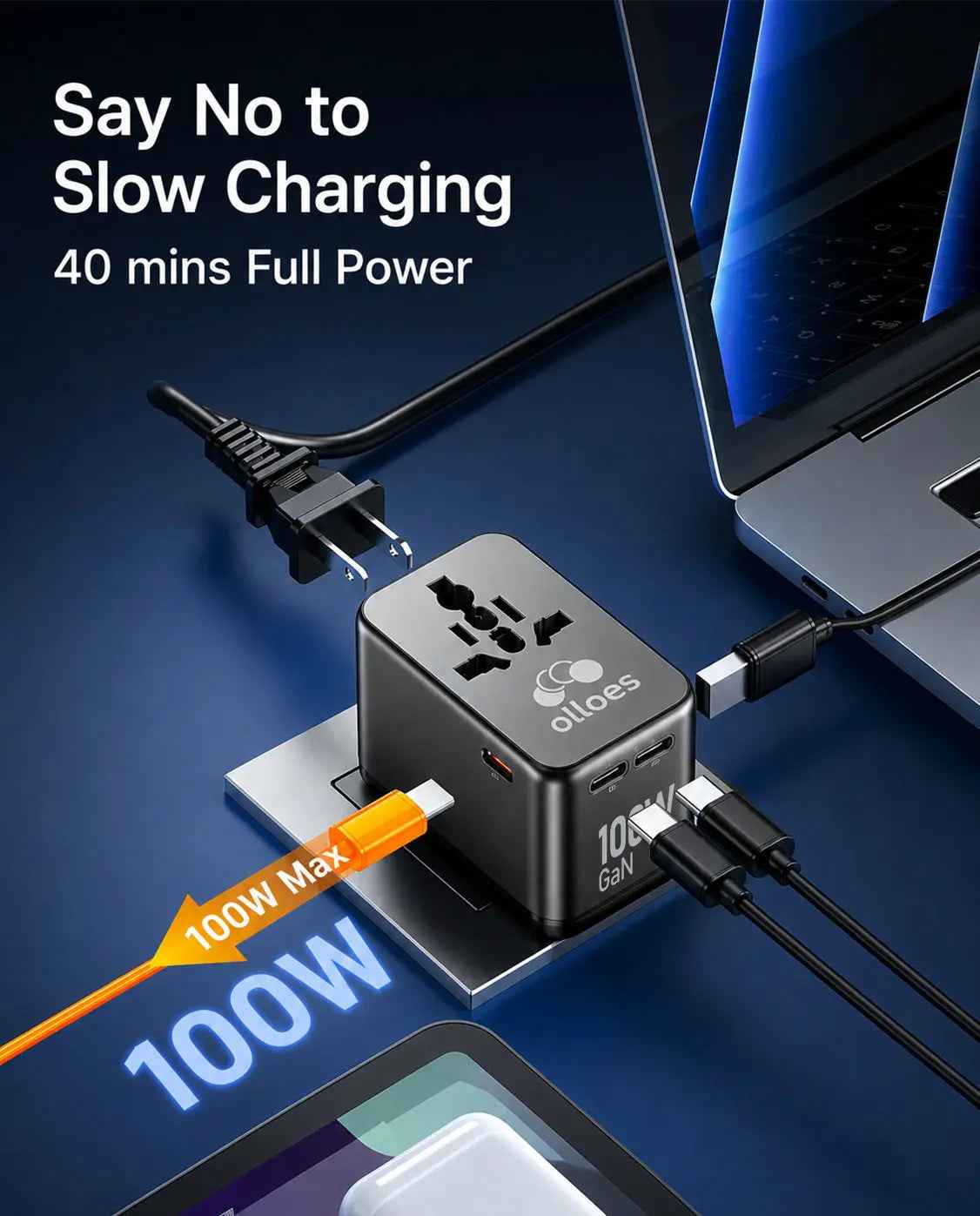 OLLOES GaN 100W Universal Travel Adapter with Extra US/EU Plug (3 x USB-C & 1 x USB-A)