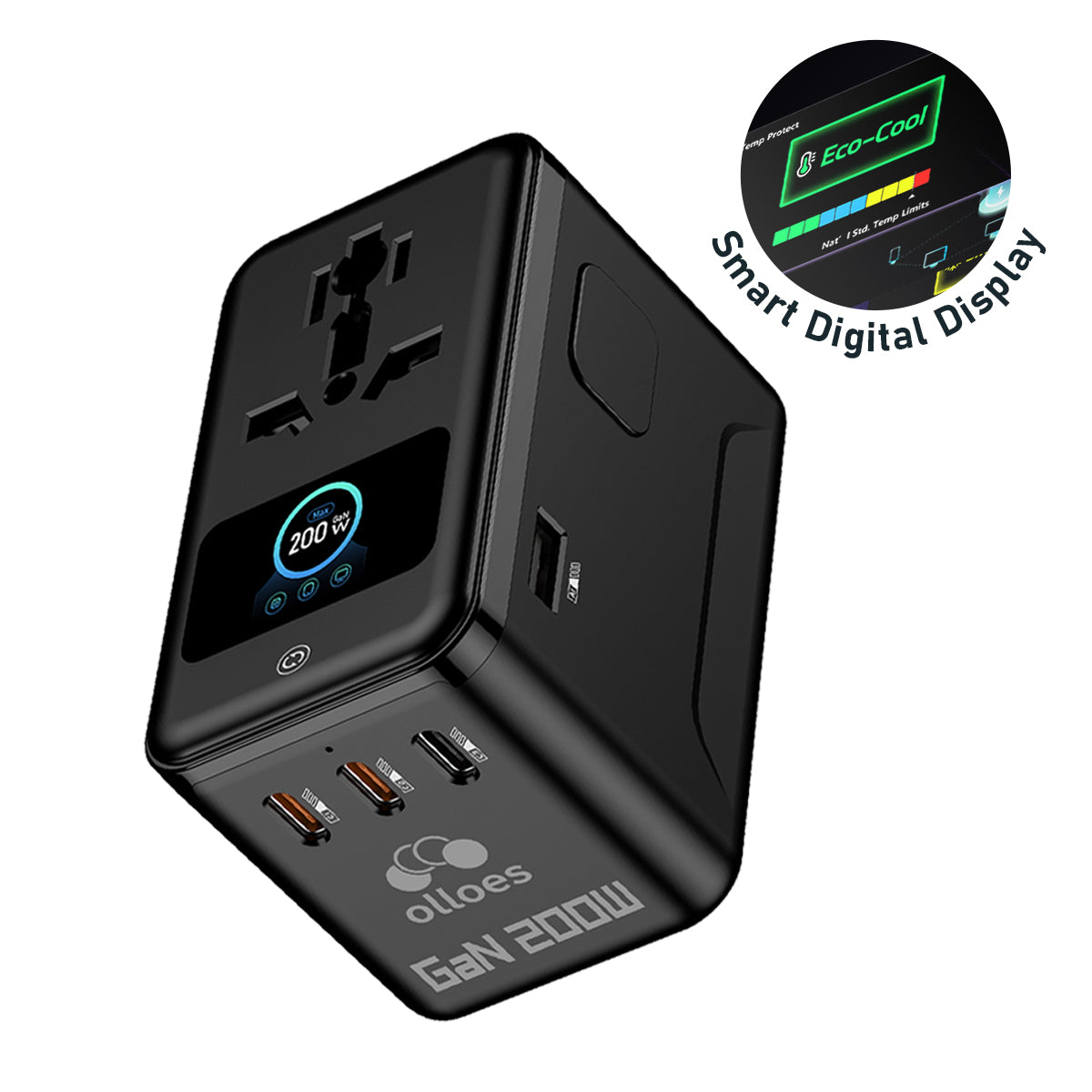 OLLOES 200W GaN Universal Travel Adapter with Smart Display (3 x USB-C & 1 x USB-A)