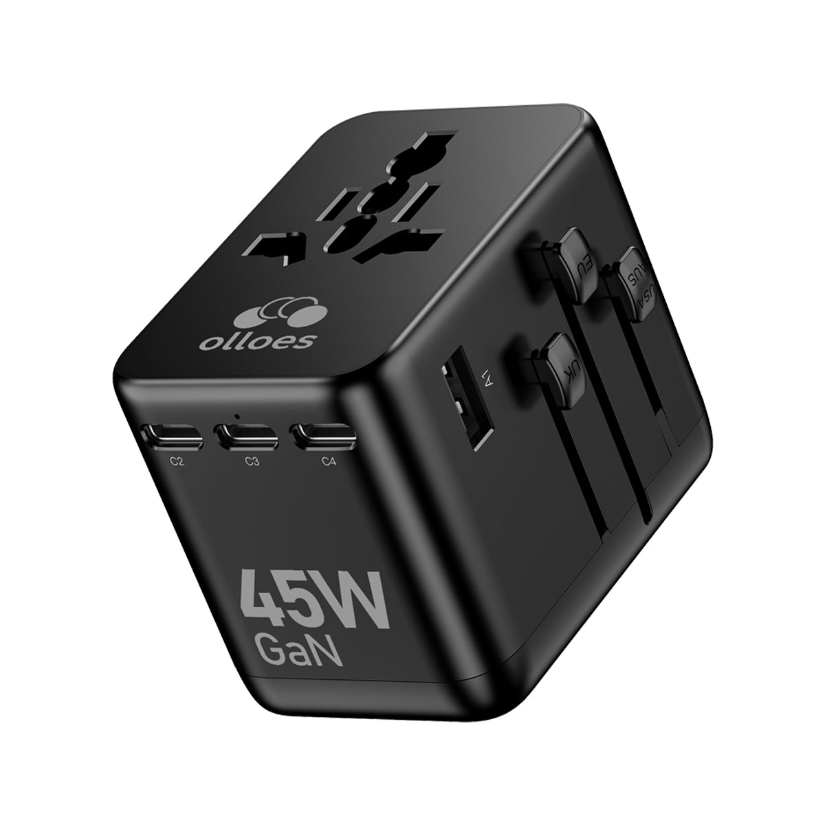 OLLOES 45W GaN Universal Travel Adapter with Extra US/EU Plug (4 x USB-C & 1 x USB-A)