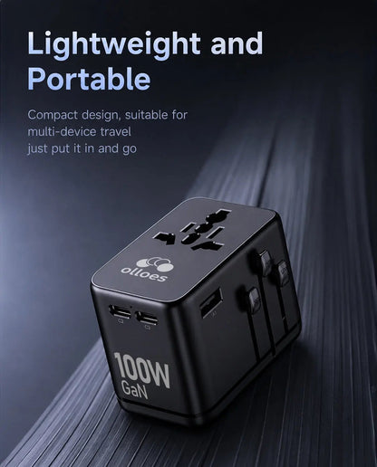 OLLOES GaN 100W Universal Travel Adapter with Extra US/EU Plug (3 x USB-C & 1 x USB-A)