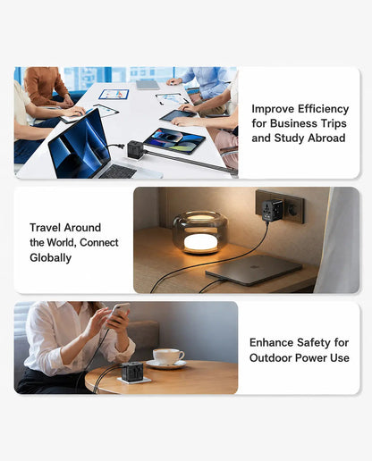OLLOES GaN 140W Universal Travel Adapter with Extra US/EU Plug (3 x USB-C & 1 x USB-A )
