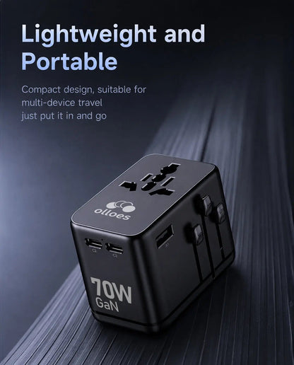 OLLOES GaN 70W Universal Travel Adapter with Extra US/EU Plug (3 x USB-C & 1 x USB-A)