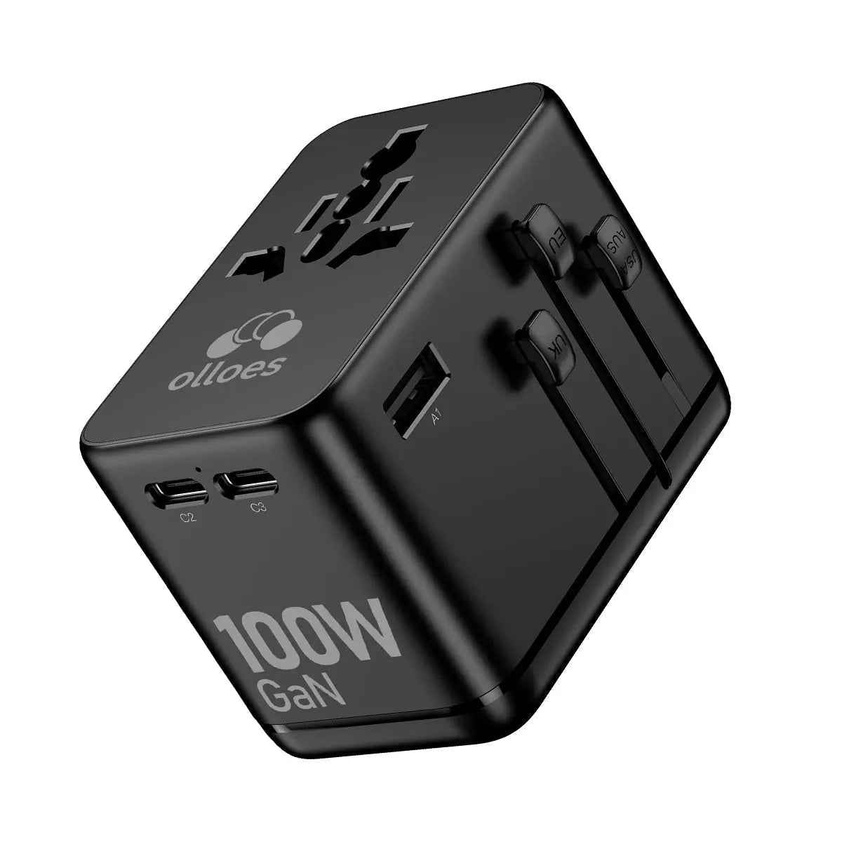 OLLOES GaN 100W Universal Travel Adapter with Extra US/EU Plug (3 x USB-C & 1 x USB-A)