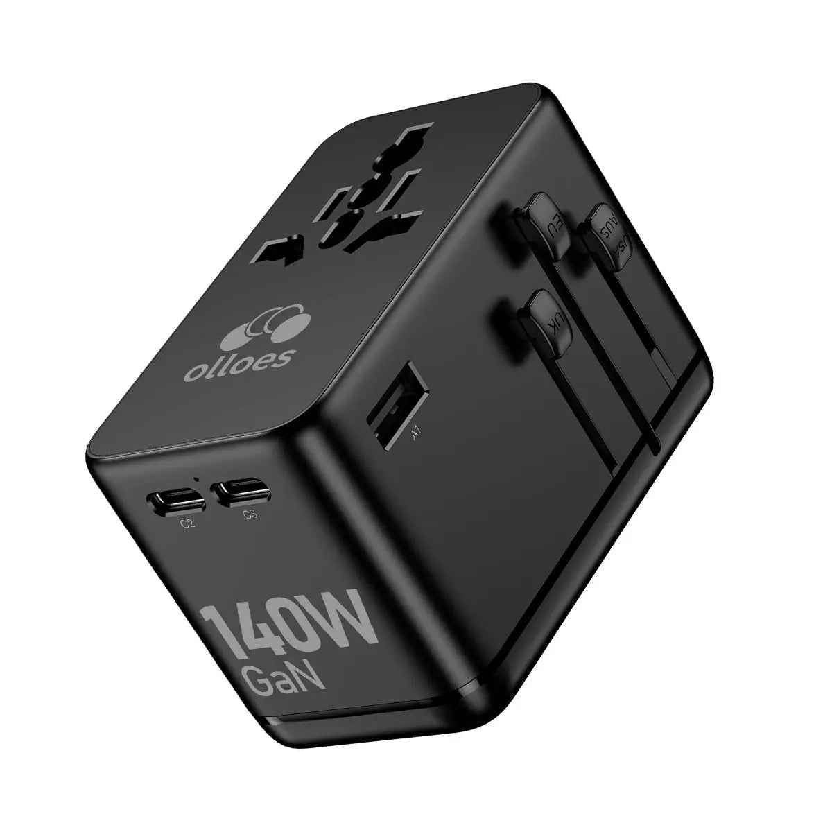 OLLOES GaN 140W Universal Travel Adapter with Extra US/EU Plug (3 x USB-C & 1 x USB-A )