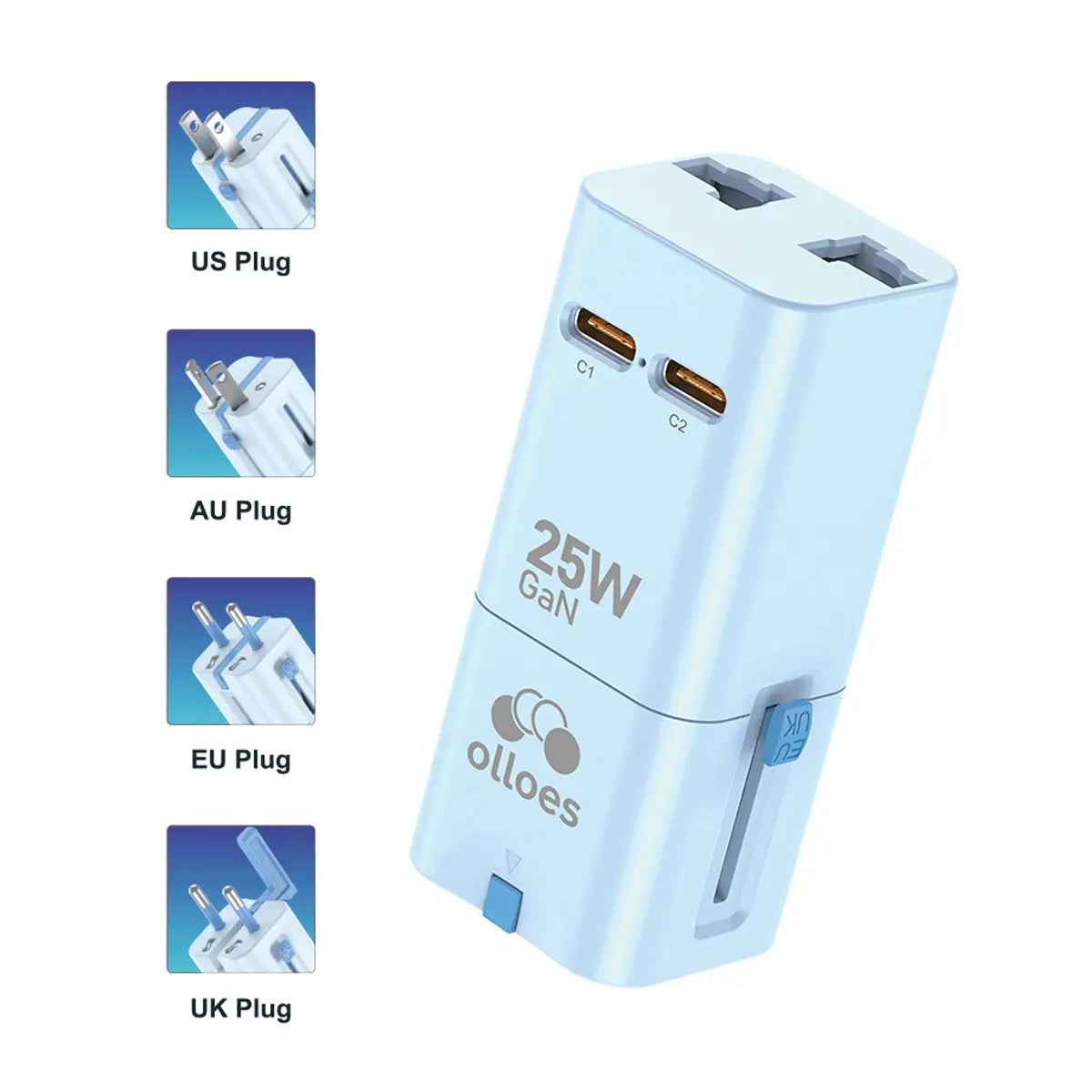 OLLOES GaN 25W Universal Travel Adapter Super Compact (2 x USB-C)