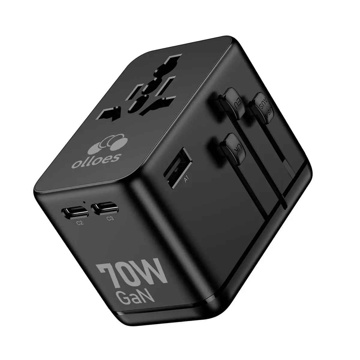 OLLOES GaN 70W Universal Travel Adapter with Extra US/EU Plug (3 x USB-C & 1 x USB-A)